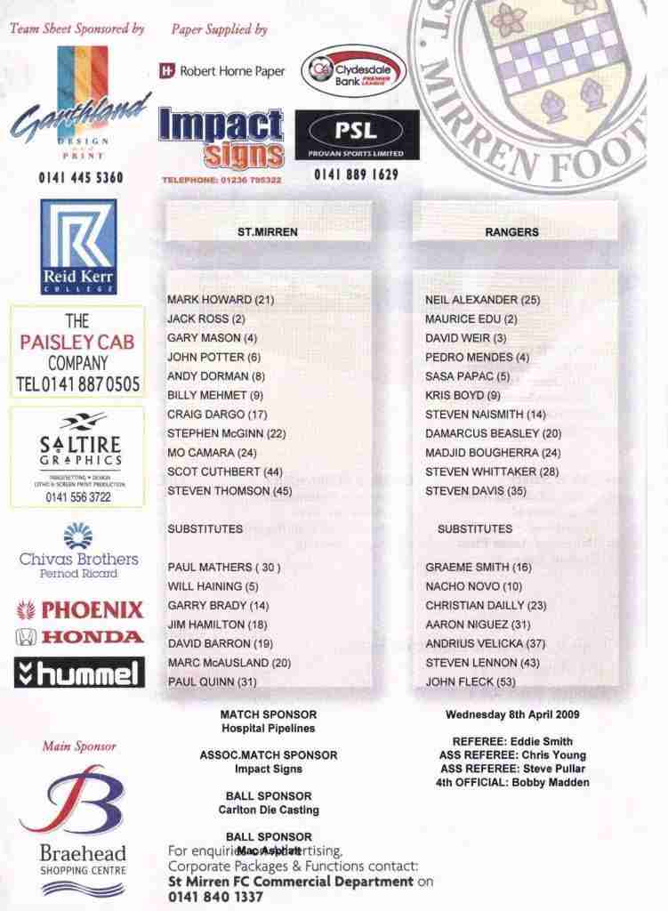 08apr09 teamsheet