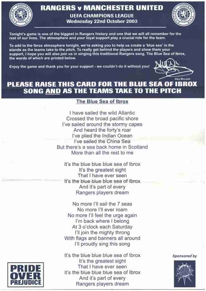 2003 rangers v man utd song sheet