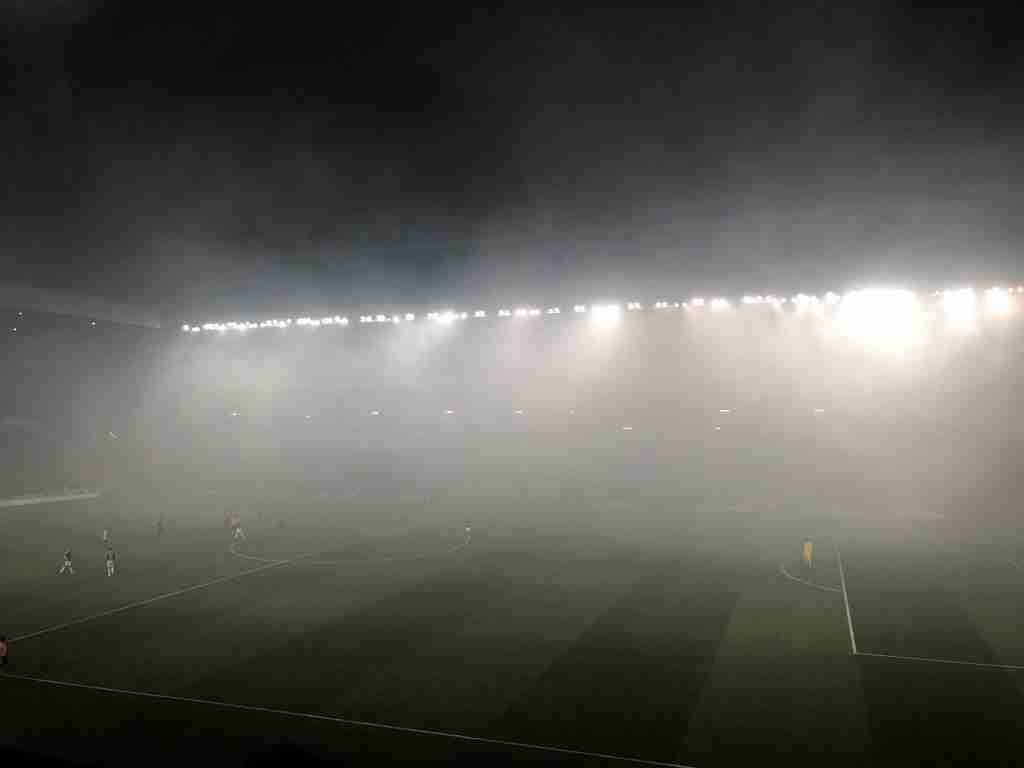 a smoke filled ibrox stadium which resulted in the game being delayed for several minutes 48650019617 o