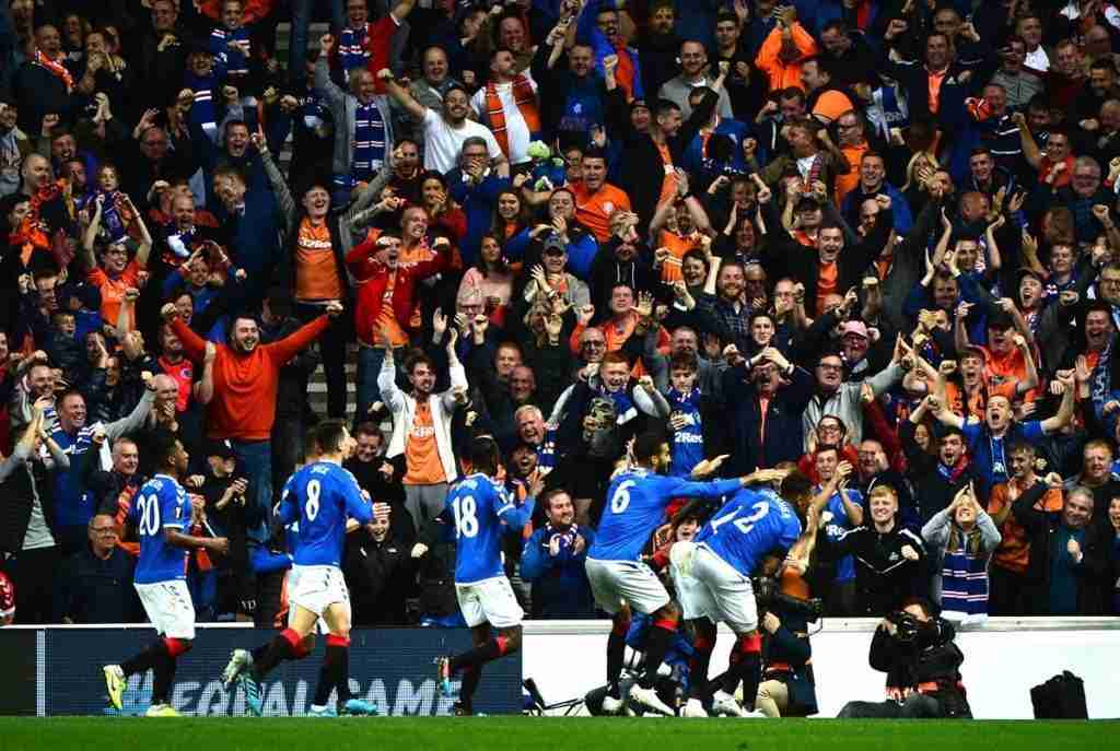 rangers players celebrate in front of a jubilant copland road support 48763159358 o