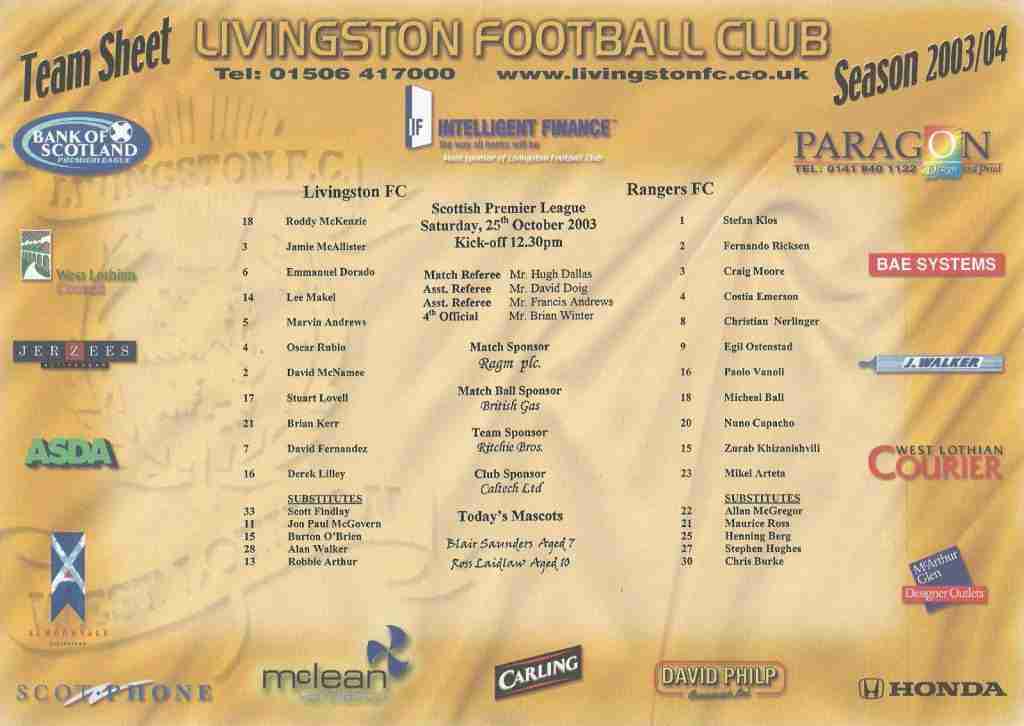 25oct03 teamsheet